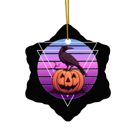 Raven Crow On Pumpkin Vaporwave Halloween Pagan Ae Ceramic Ornaments