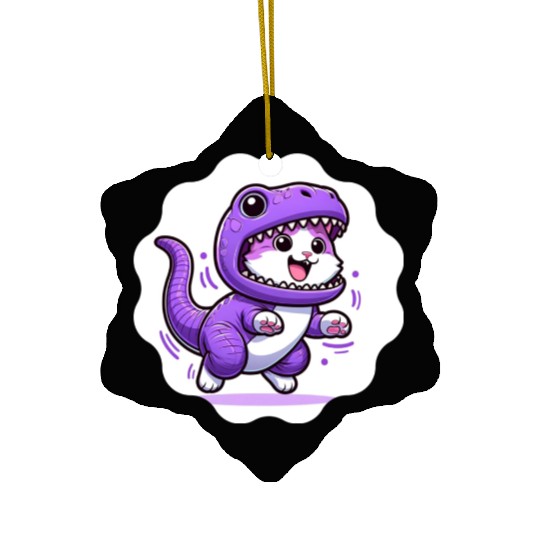 Energetic Cat in Velociraptor Costume - Playful Fe Ceramic Ornaments