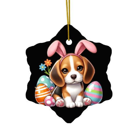Beagle with bunny ears and easter eggs Ceramic Ornaments