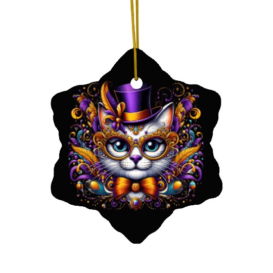 Mardi Gras cat with hat and glasses Ceramic Ornaments