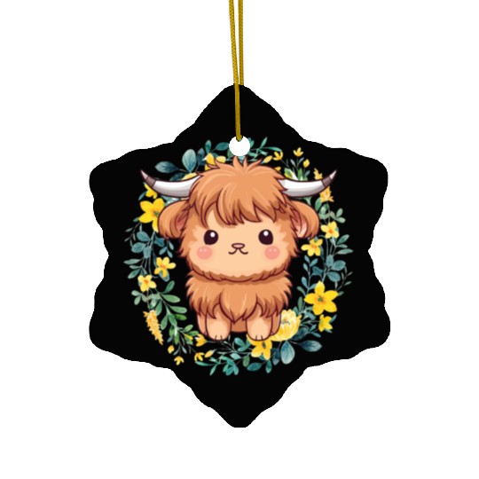Cute Baby Highland Cow With flowers Calf Animal Ceramic Ornaments