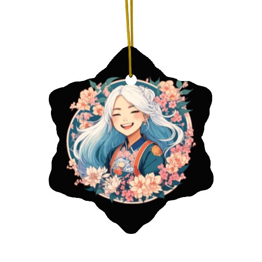 Happy Smile Pretty Japanese Anime Girl with Flower Ceramic Ornaments