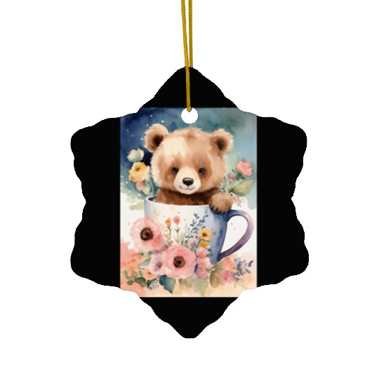 A cute bear baby in mug flowers around watercolor Ceramic Ornaments