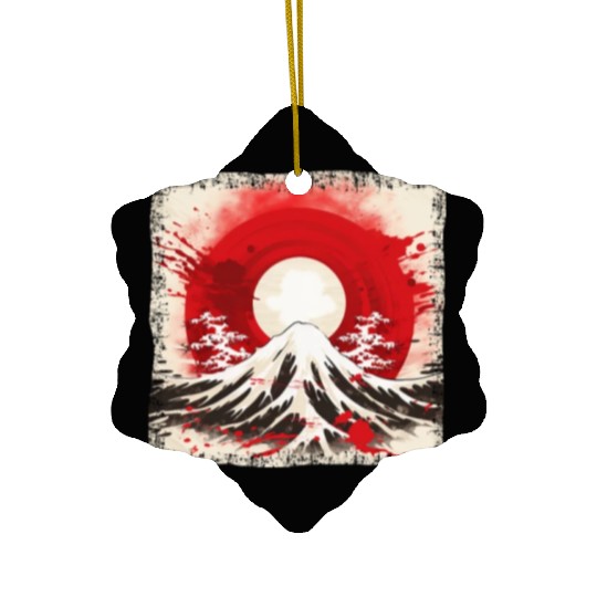 Kyoto Mountains: Flag, Volcano, and Blood Moon Ceramic Ornaments