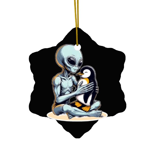 Alien Embracing Penguin Ceramic Ornaments
