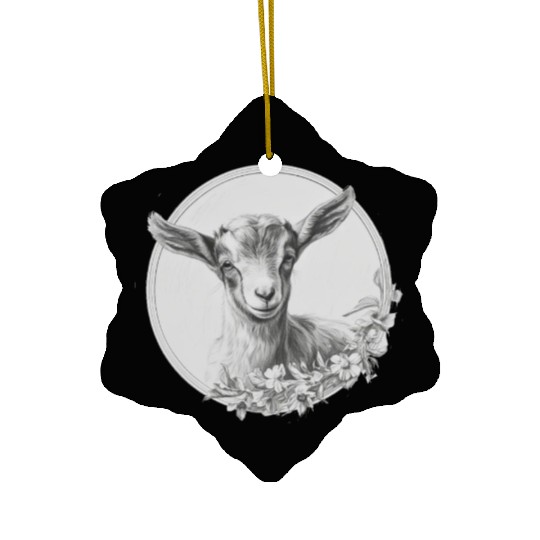 Baby goat portrait pencil sketch Ceramic Ornaments