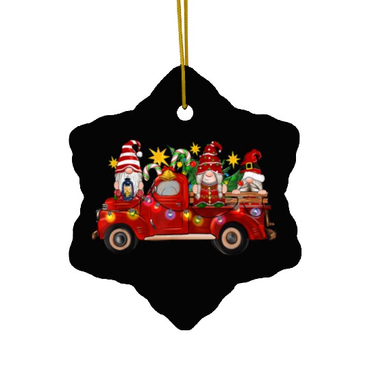 Three Gnomes In Red Truck Ceramic Ornaments