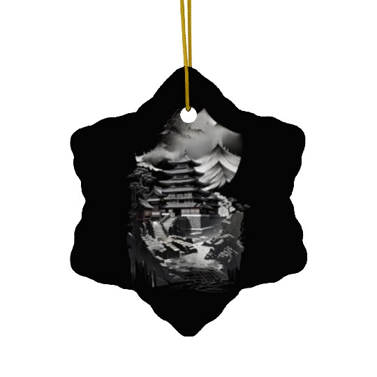 Vintage Japanese Castle in Black Ink - Hand-Drawn Ceramic Ornaments