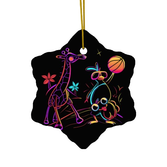 Neon Showdown: Giraffe & Bird's Basketball Duel Ceramic Ornaments