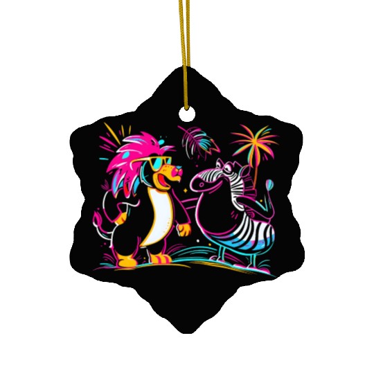 Tropical Neon Beats: Lion & Zebra's Beach Party Ceramic Ornaments