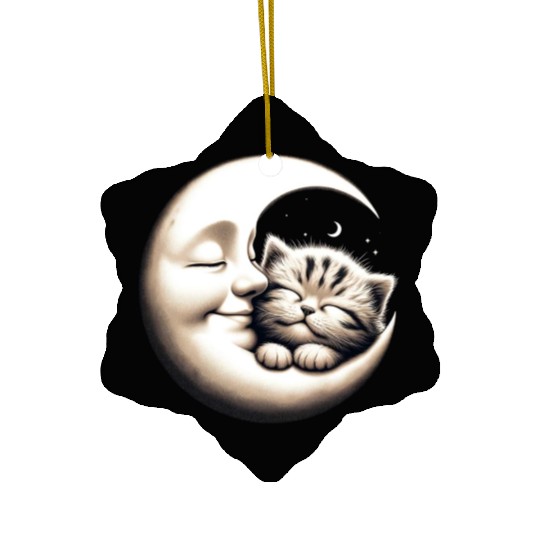 Peaceful Kitten and Moon Embrace Ceramic Ornaments