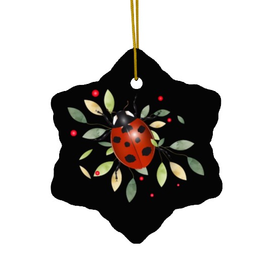 red glowing ladybug with green leaves Ceramic Ornaments