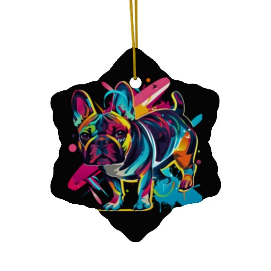 Neon Paws: French Bulldog in 80s Pop Art Style Ceramic Ornaments
