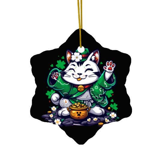 Kawaii St Patricks Day Cat With a Pot Of Gold Ceramic Ornaments