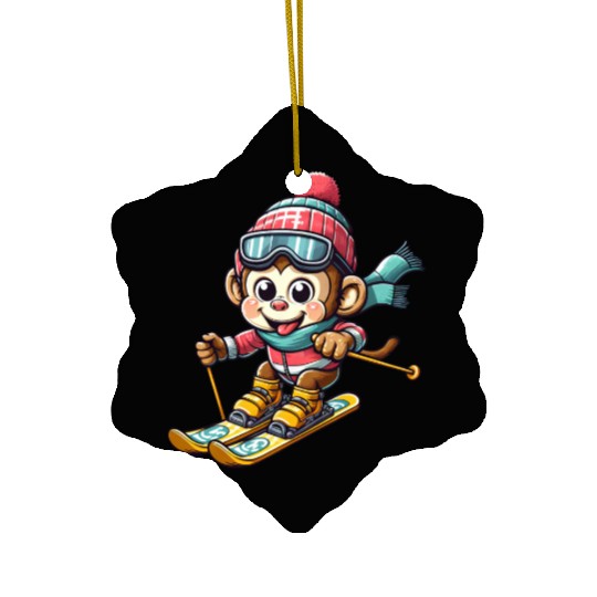 Monkey Chimpanzee Skier Winter Vacation Design Ceramic Ornaments