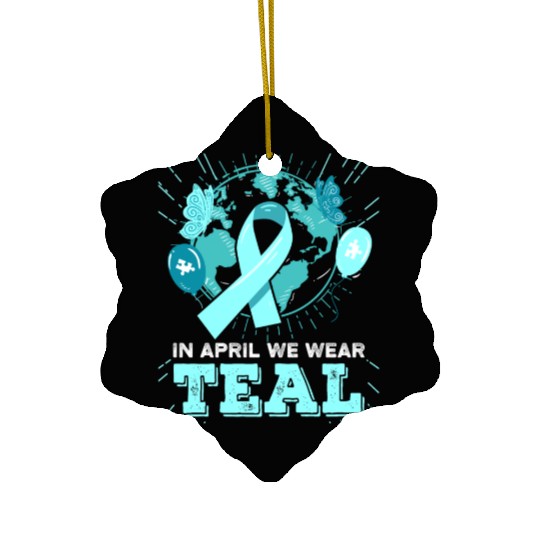 Sexual Assault Awareness Teal Ribbon With Cat Ceramic Ornaments
