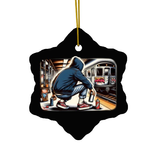 AI Teen in Subway Layup Underground- Masked Border Ceramic Ornaments