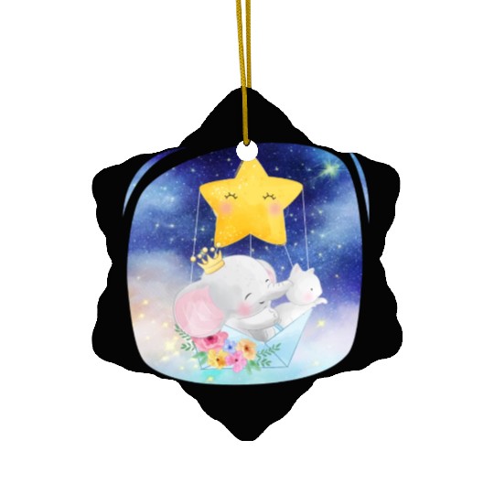 Elephant And Cat Flying Space Using Star Balloon Ceramic Ornaments