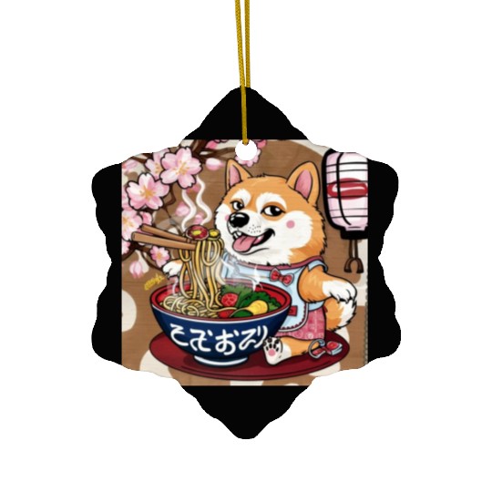 Shibas Inu Eating Ramen Noodles Kawaii Ceramic Ornaments