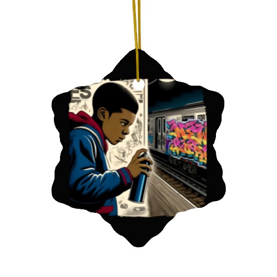 AI Teen in Underground Subway Layup -Masked Border Ceramic Ornaments