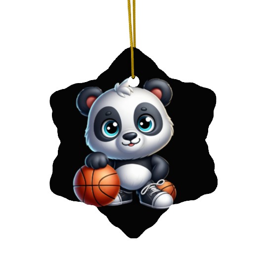 Cute Baby Panda Playing Basketball Playful Paws Ceramic Ornaments