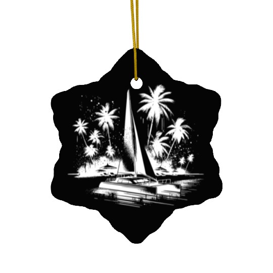 Catamaran Sailing Boat With Palm Trees Ceramic Ornaments
