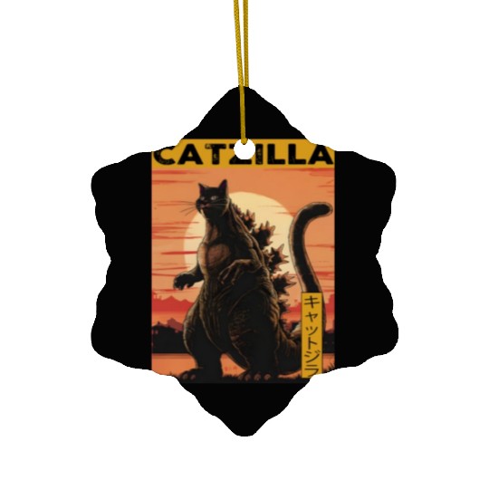 Catzilla Vintage Funny Cute Cat Art Japanese Sunse Ceramic Ornaments