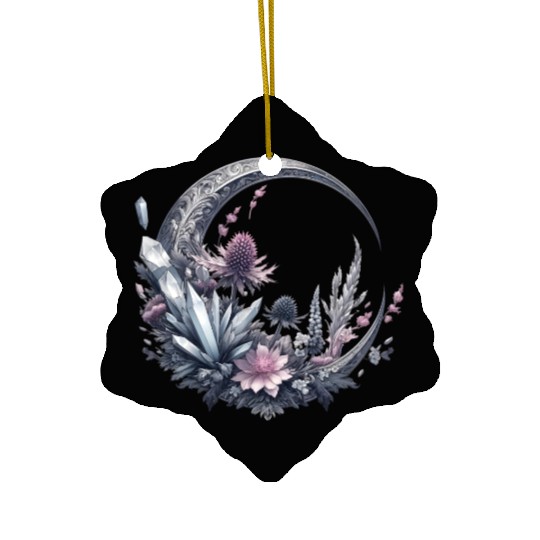 Crescent moon in silver, with crystals and flowers Ceramic Ornaments