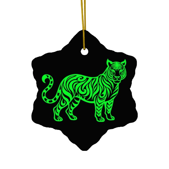 Bright Green Tiger Lineart Ceramic Ornaments