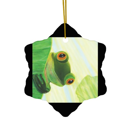 Cute Green Frog Peeping out From Behind Lily Pad Ceramic Ornaments