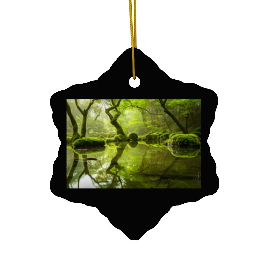 Enchanted Forest Reflections in Tranquil Pond Ceramic Ornaments