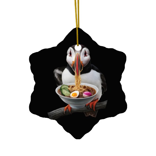 Atlantic Puffin Eating Ramen Realistic Ceramic Ornaments