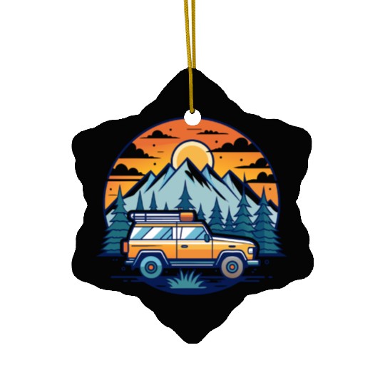 Camper Van parked Lake with Mountains Ceramic Ornaments