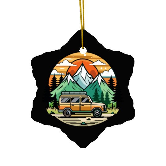Camper Van parked Lake with Mountains Ceramic Ornaments