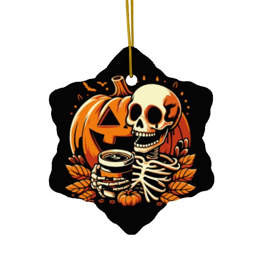 Coffee Drinking Skeleton Pumpkin Halloween Costume Ceramic Ornaments