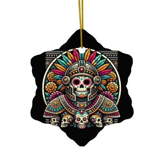 Aztec Warrior Mask with Tribal Art and Ancient Ceramic Ornaments