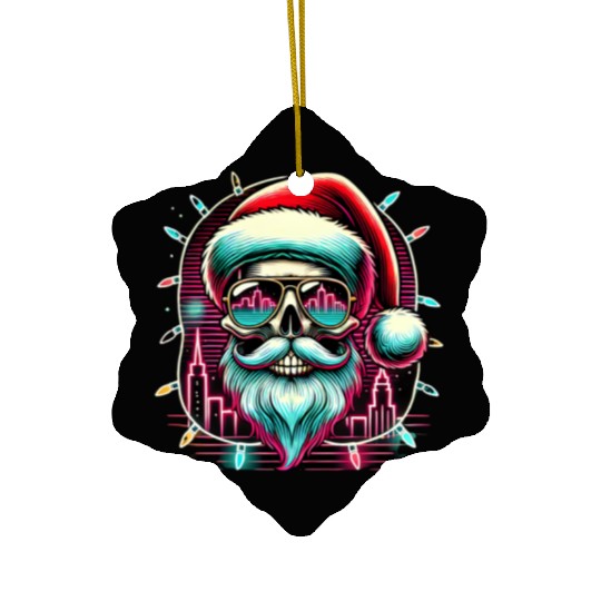 Neon Santa Skull City Lights Christmas Ceramic Ornaments