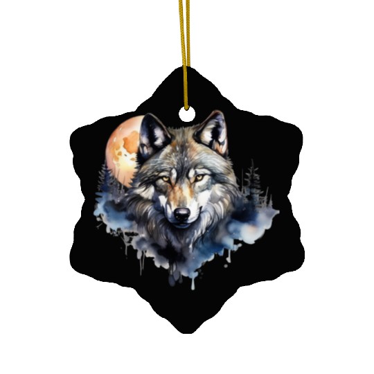Wolf Portrait Under Full Moon Design Ceramic Ornaments
