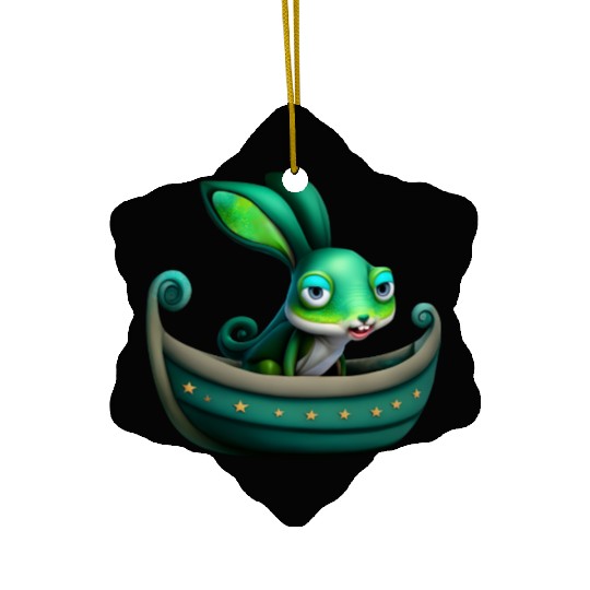 Green Rabbit in a Green Boat Ceramic Ornaments