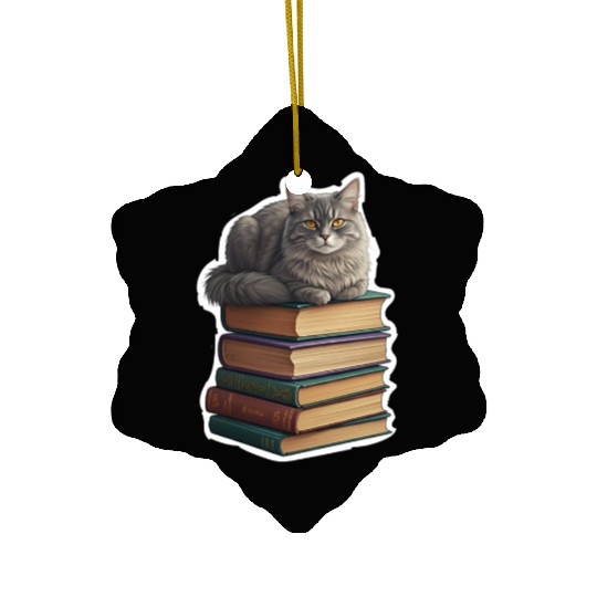 Grey Cat Loaf On Books Ceramic Ornaments