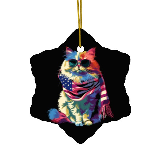 Persian Cat Patriotic US Flag Sunglasses Popart Ceramic Ornaments
