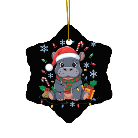 Cute Christmas Hippo - Holiday Lights and Gifts Ceramic Ornaments