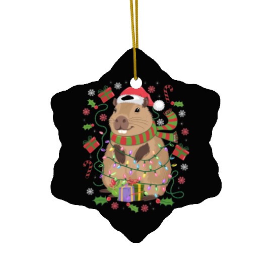 Cute Christmas Capybara - Holiday Lights and Gifts Ceramic Ornaments
