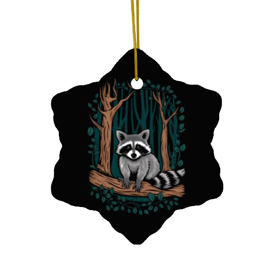 Cottagecore Raccoon in Forest Scene Ceramic Ornaments