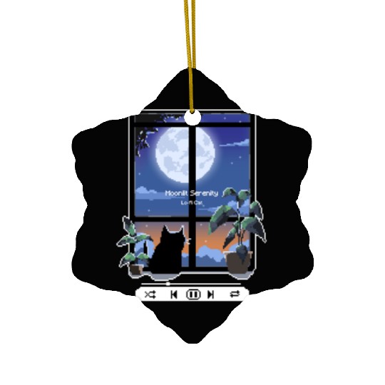 Pixel Lofi Black Cat Moonlit Serenity Ceramic Ornaments