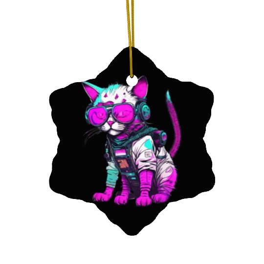 Punk Space Cat with Neon Goggles Ceramic Ornaments