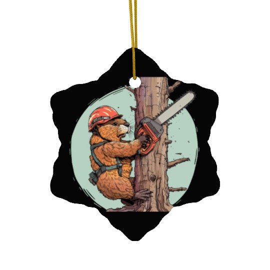 Beaver Lumberjack Chainsaw Ceramic Ornaments