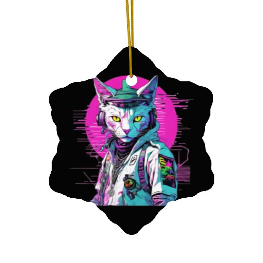 Neon Cyberpunk Warrior Cat Ceramic Ornaments