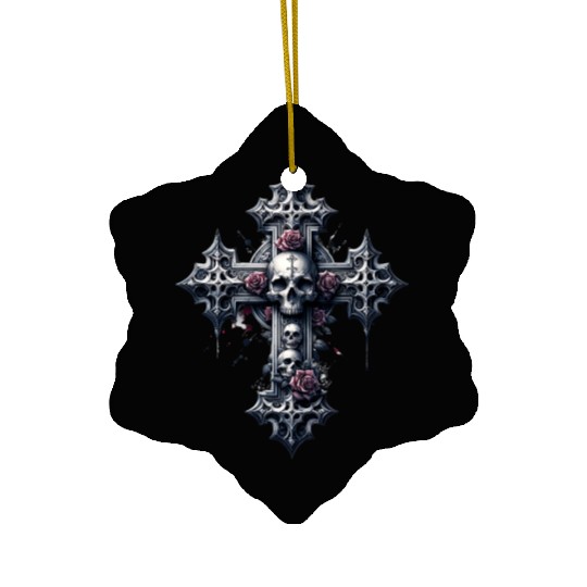 Gothic Cross Collection - Skulls and Red Roses Ceramic Ornaments