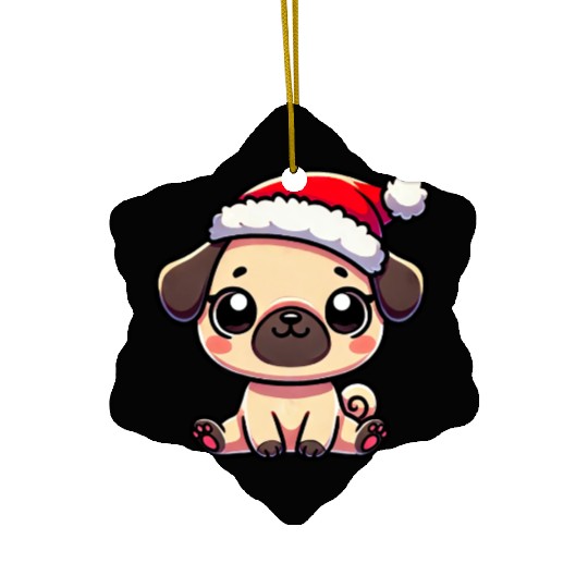 Cute Christmas Pug Cartoon with String Lights Ceramic Ornaments